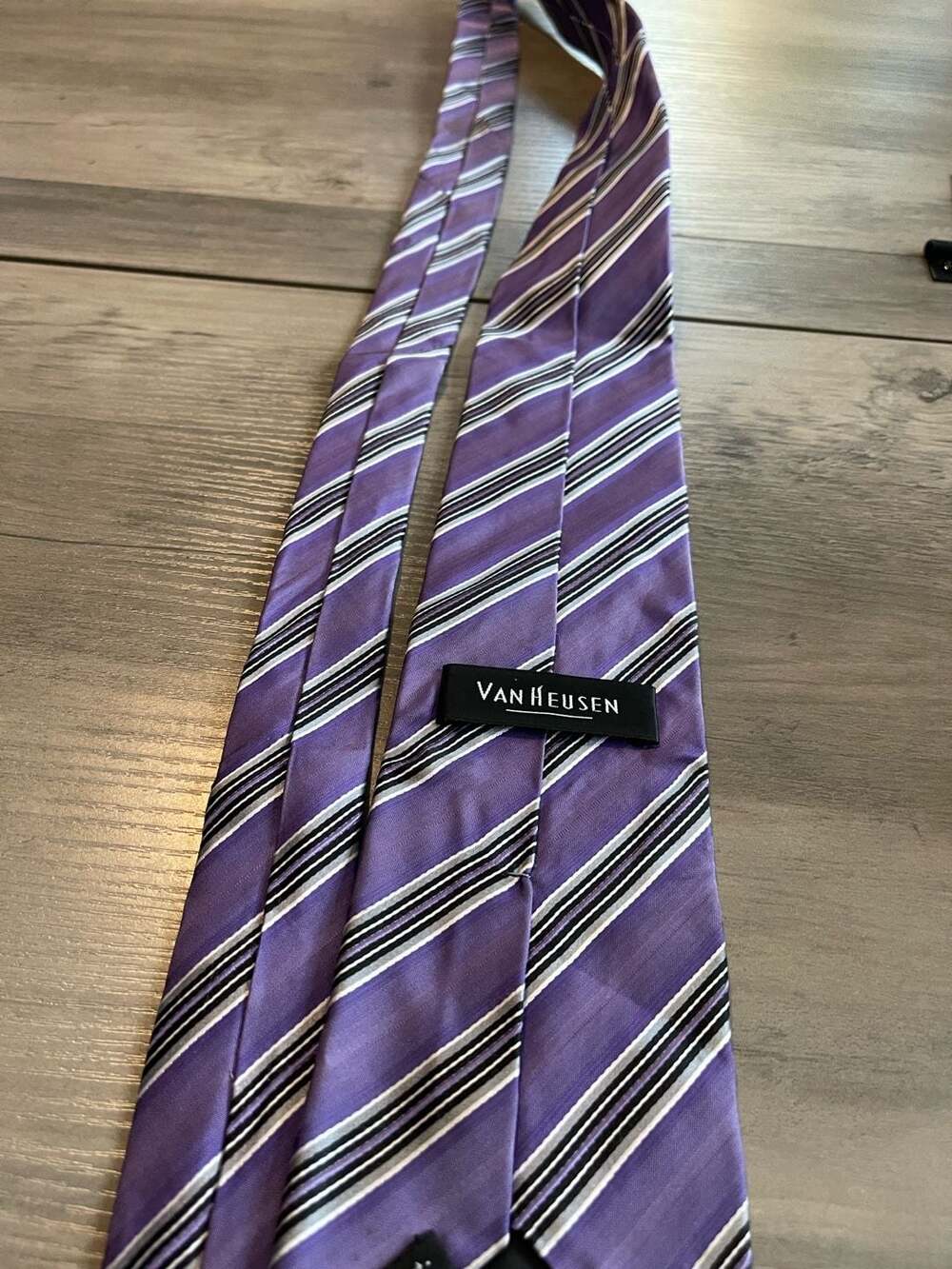 Van Heusen Stain Resistant 100% Silk Purple Gray Striped Neck Tie